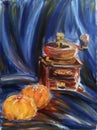 Painted still life with coffee mill and oranges on blue textile