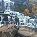 Painted stone wall with a multistage waterfall