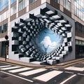 A painted street with a buidling facade, made to appear like it's peeling away, banksy street art, optical illusions,