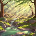 Painted summer sunny forest with river. Generative AI