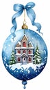 A painted suspended Christmas blue ball on a ribbon with a picture of a house and fir trees in the snow. Royalty Free Stock Photo
