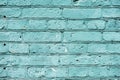 Painted turquoise vintage grunge brick wall texture urban background. Horizontal texture. For abstract background