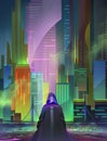 Painted vibrant nightly urban landscape in cyberpunk style Royalty Free Stock Photo