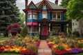 a painted victorian house in bold colors with a lush, manicured front garden