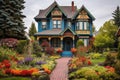 a painted victorian house in bold colors with a lush, manicured front garden