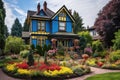 a painted victorian house in bold colors with a lush, manicured front garden