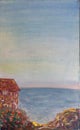 Painted view of the sea, rocky coast in Italia with cute house