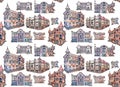 Painted vintage classic facade of a city house seamless pattern