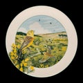 Antique round plate with the image of a bird. round picture for decoupage with a bird.