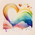 Painted in watercolor abstract mountains clouds hearts, rainbow, solid background. Heart as a symbolffection and love Royalty Free Stock Photo