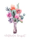 Painted watercolor composition of flowers in pastel colors: protea, eucalyptus, gingko in vase. Element for design.