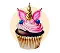 Painted watercolor cupcake with pink cream, ears and gold unicorn horn. Isolated design element Royalty Free Stock Photo