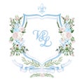 Painted watercolor light pink rose, light blue flower and blue wedding crest with fleur de lis heraldic symbol.