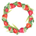 Painted watercolor wreath of colorful hand drawn strawberries