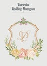 Painted Wedding monogram LP initial watercolor floral crest. Watercolor crest peonies flower Hand drawn template.