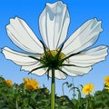 Painted white flower close-up against the sky and greenery