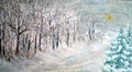 Painted winter landscape with forest and snow