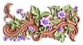 Painted wood carving effect lilac floral design on white. Generative AI. Royalty Free Stock Photo