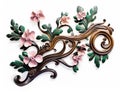 Painted wood carving effect pink and green floral design on white. Generative AI. Royalty Free Stock Photo