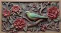 Painted wood plank carving, floral design with bird. Generative AI. Royalty Free Stock Photo