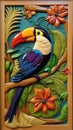 Painted wood plank carving, framed colorful floral design with toucan. Generative AI. Royalty Free Stock Photo