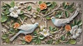 Painted wood plank carving, framed floral design with doves. Generative AI. Royalty Free Stock Photo