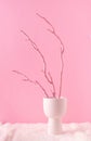 Painted wooden branch in white vase on a fluffy fur and pastel pink background. Holiday home decoration concept. Pink or white Royalty Free Stock Photo