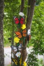 Painted wooden butterflies used as outdoor decorations