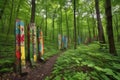 painted wooden markers that lead hikers through lush forest on a warm summer day