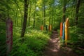 painted wooden markers that lead hikers through lush forest on a warm summer day