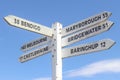 Painted wooden signpost at Maldon town centre showing distance and directions to surrounding towns in a blue sky