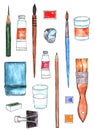 Painter art tools. Paint arts tool illustration, watercolor painting design artists supplies, painting brushes Royalty Free Stock Photo