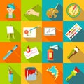 Painter artist tools icons set, flat style