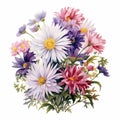 Vintage Watercolor Of Aster Bouquet In Naturalistic Botanical Style