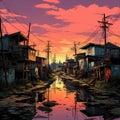 Painter creating a comic book-style scenery depicting rural life