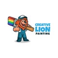 A painter decorator handyman cartoon character lion holding a paintbrush. lion painter mascot logo making thumbs up. vector illust