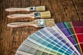 Painter and decorator work table with house project, color swatches, painting roller and paint brushes Royalty Free Stock Photo