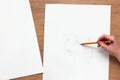 Painter draws sketch. Drawing lesson flat lay. Royalty Free Stock Photo
