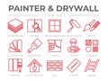 Painter and Drywall Outline Icon Set with Plasterboard, Paint Roller, Brush, Painter Color Palette, Painting, Wall, Plaster, Royalty Free Stock Photo