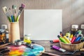 Painter equipment in a artist studio: empty canvas, tube of oil Royalty Free Stock Photo