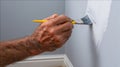 Painter Works With Small Brush to Cut Edges Along Wall Corner During Renovation in Minimal Interior Space in Daylight Royalty Free Stock Photo