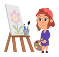 Painter girl. Kid drawing flower on canvas wooden easel