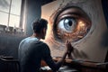 Painter in his art studio creating spectacular living and hyper realistic work coming out of the canvas. Ai generated art