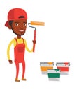 Painter holding paint roller vector illustration.