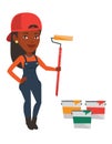 Painter holding paint roller vector illustration.