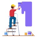 Painter man painting house wall with roller brush