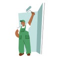 Painter man painting house wall with roller brush. Worker guy using paint-roller. Flat vector character illustration Royalty Free Stock Photo