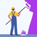 Painter man painting house wall with roller brush. Worker guy using paint-roller and paint cans. Decorator job, interior Royalty Free Stock Photo