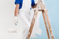 Painter with paint roller on ladder