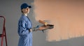 Painter with painting roller looking at camera. Cute worker with paint roller. Professional painter woman Royalty Free Stock Photo